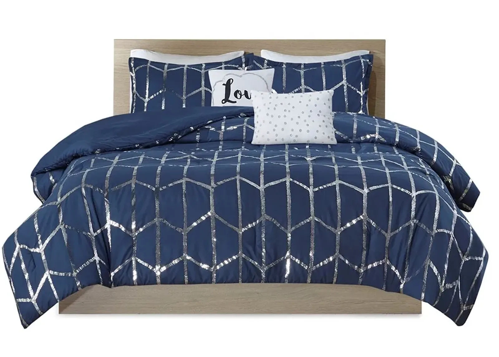 Olliix by Intelligent Design Raina Navy and Silver Full/Queen Metallic Printed Comforter Set