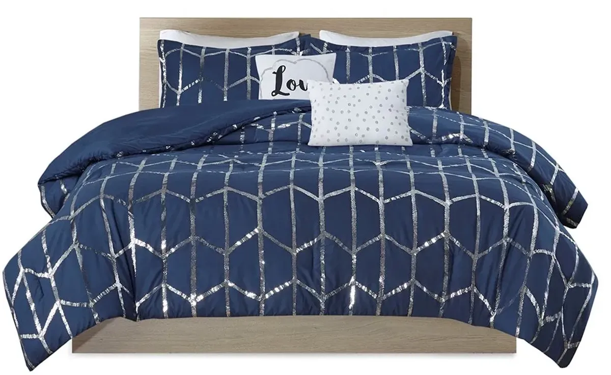 Olliix by Intelligent Design Raina Navy and Silver Full/Queen Metallic Printed Comforter Set