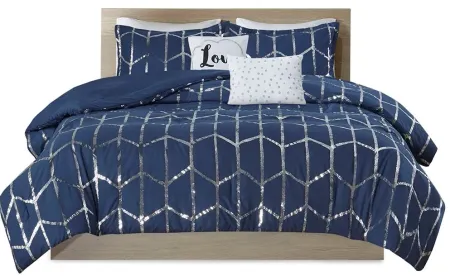Olliix by Intelligent Design Raina Navy and Silver King/California King Metallic Printed Comforter Set