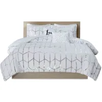 Olliix by Intelligent Design Raina Silver and White Twin/Twin XL Metallic Printed Comforter Set