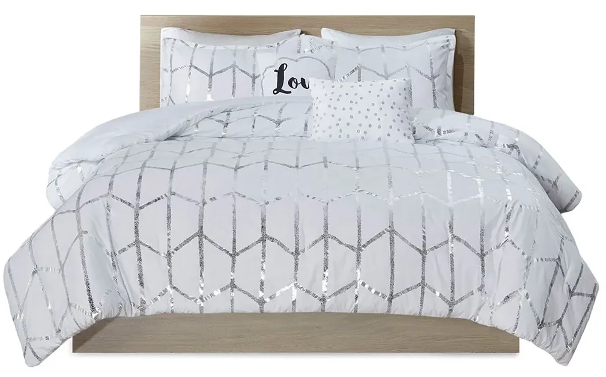 Olliix by Intelligent Design Raina Silver and White Twin/Twin XL Metallic Printed Comforter Set