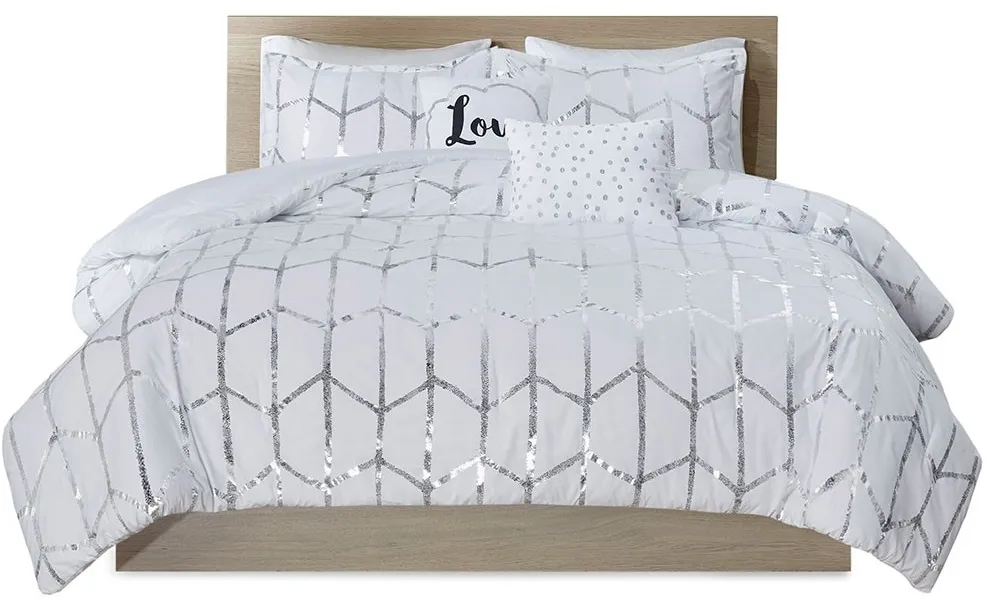 Olliix by Intelligent Design Raina Silver and White Twin/Twin XL Metallic Printed Comforter Set