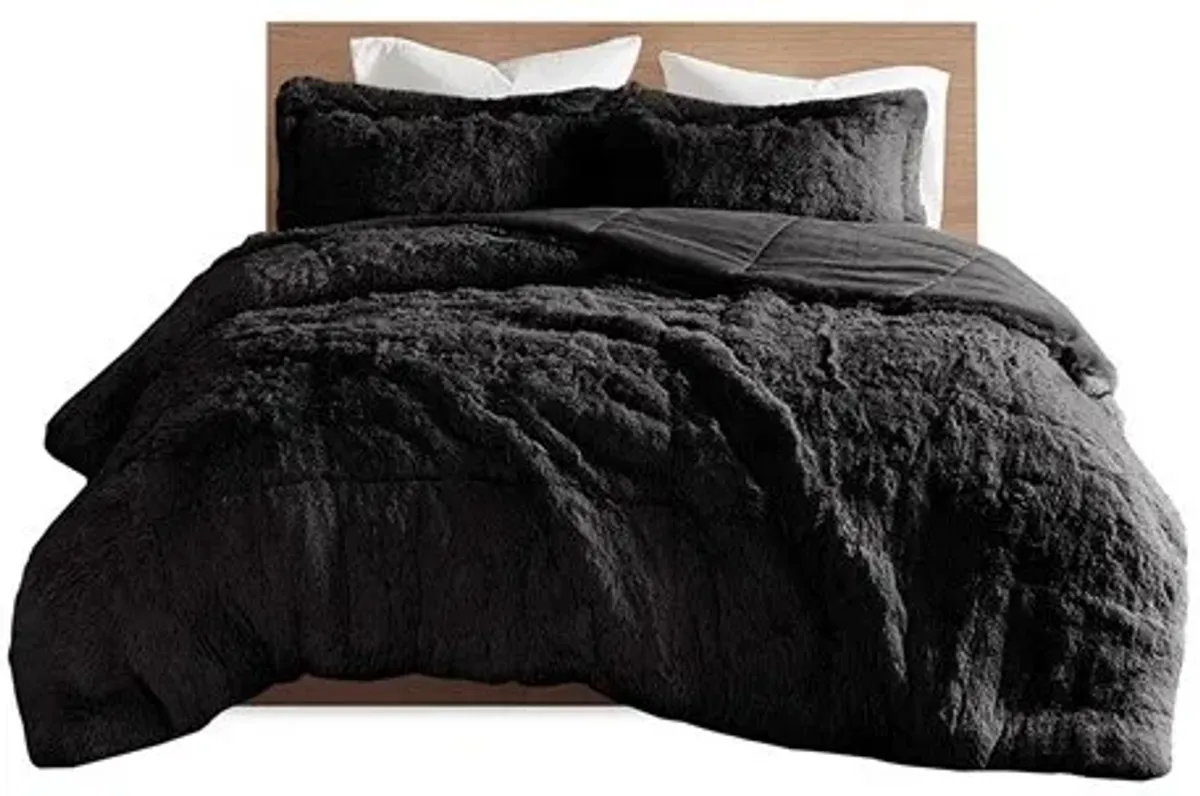 Olliix by Intelligent Design Malea Black Twin/Twin XL Shaggy Long Fur Comforter Mini Set