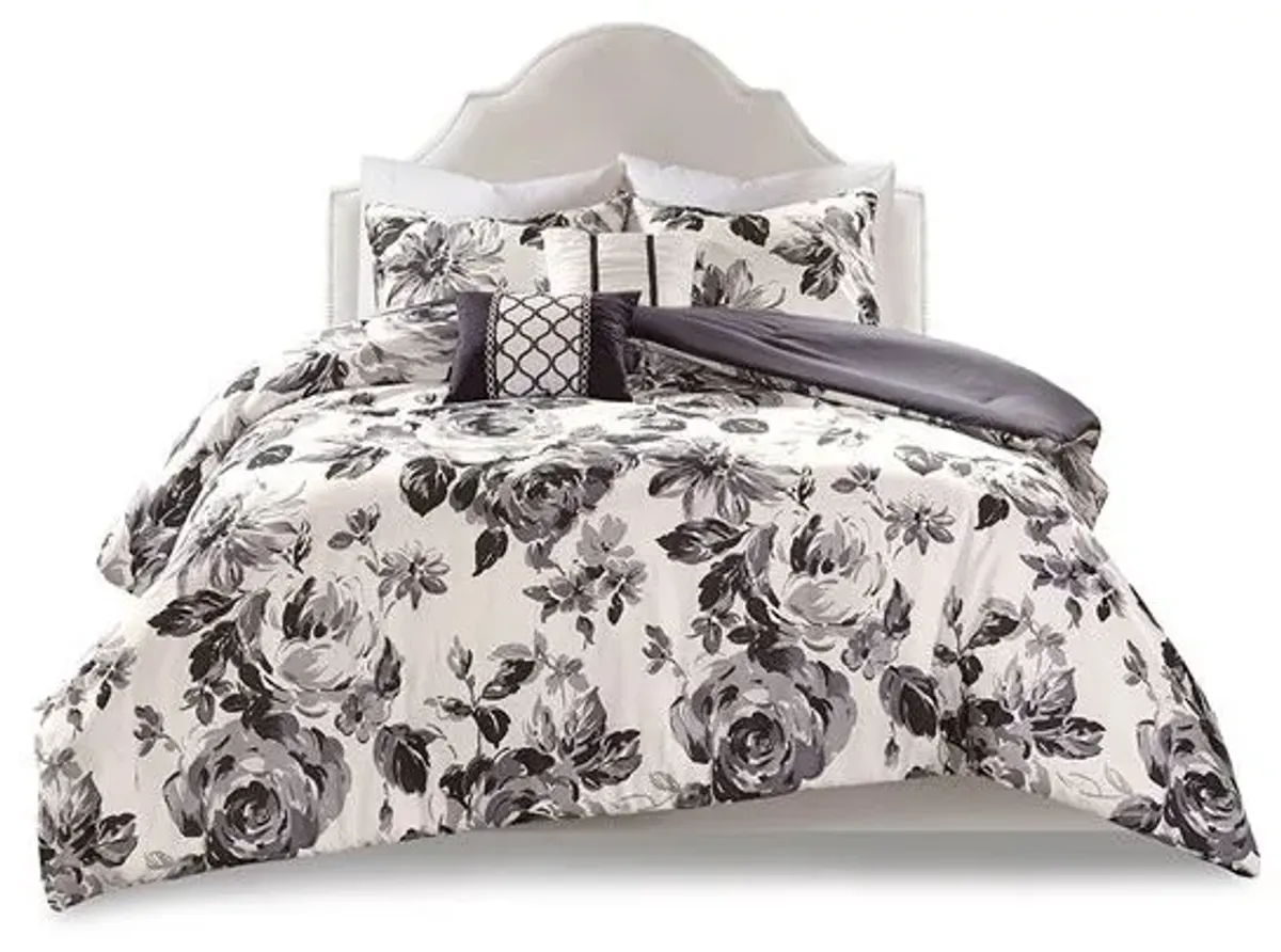 Olliix by Intelligent Design Dorsey Black/White King/California King Floral Print Comforter Set