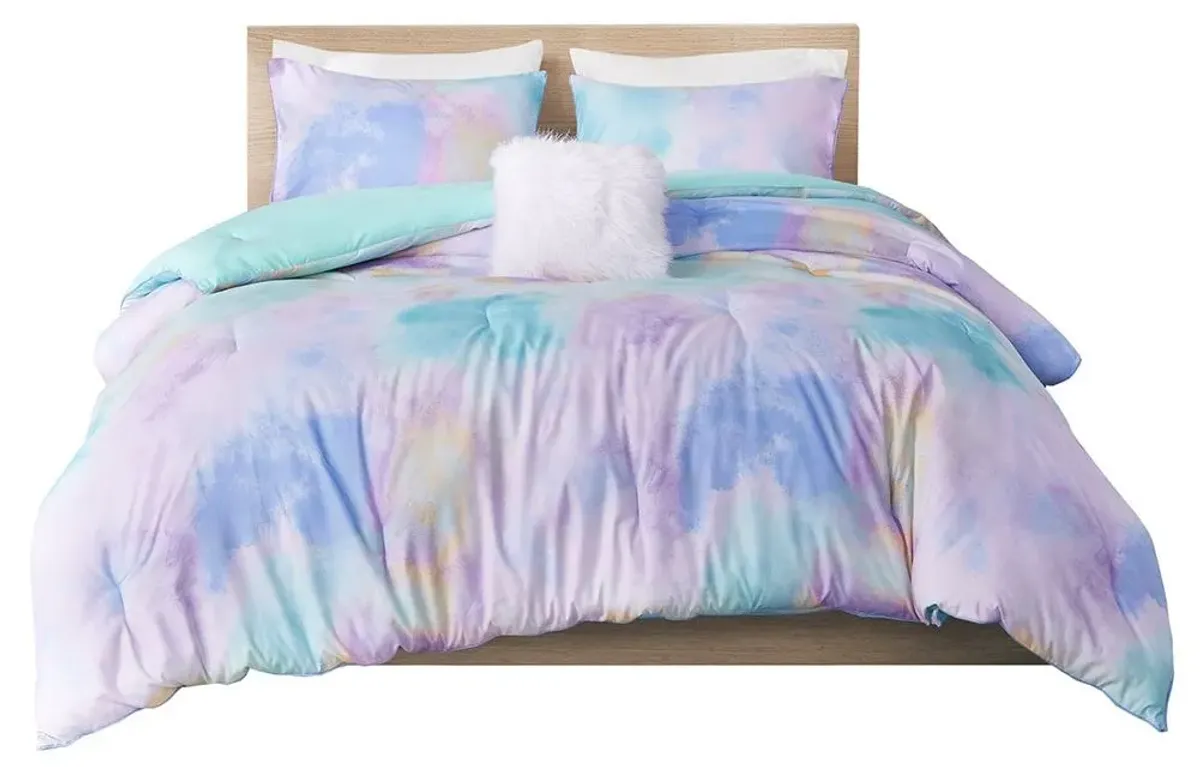 Olliix by Intelligent Design Cassiopeia Aqua Full/Queen Watercolor Tie Dye Printed Comforter Set