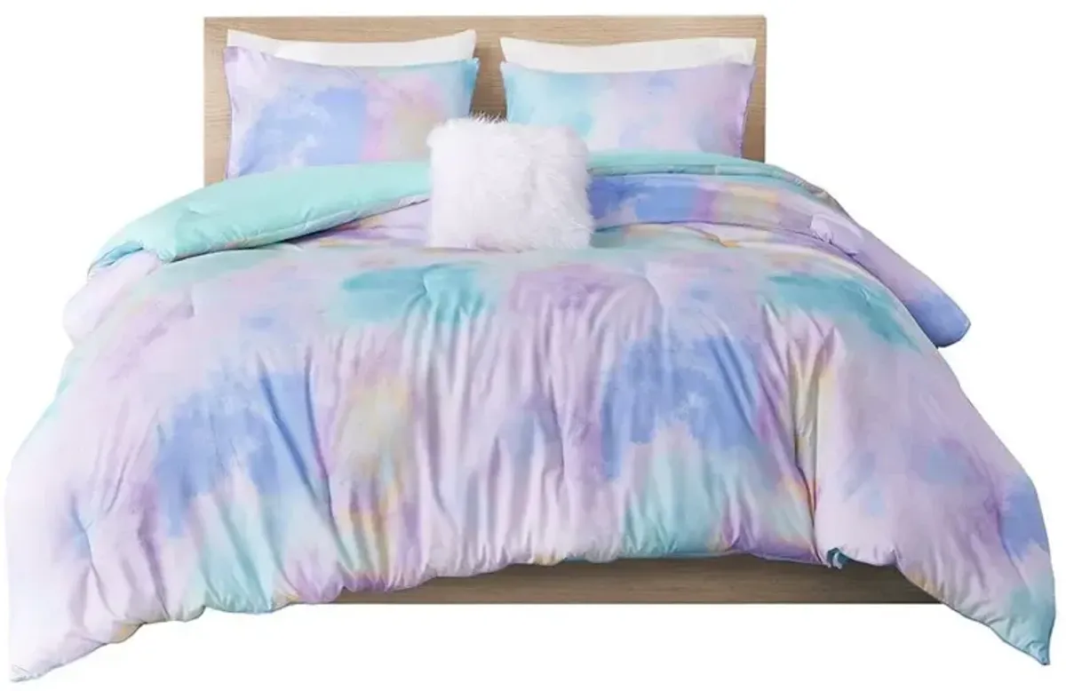 Olliix by Intelligent Design Cassiopeia Aqua Full/Queen Watercolor Tie Dye Printed Comforter Set