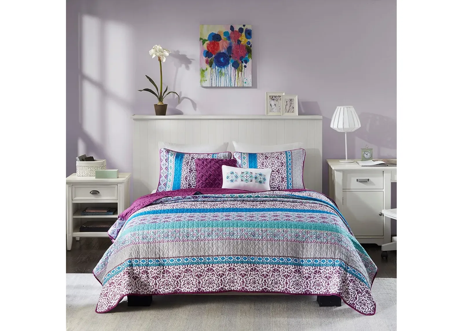 Olliix by Intelligent Design Joni Purple Twin/Twin XL Boho Reversible Coverlet Set