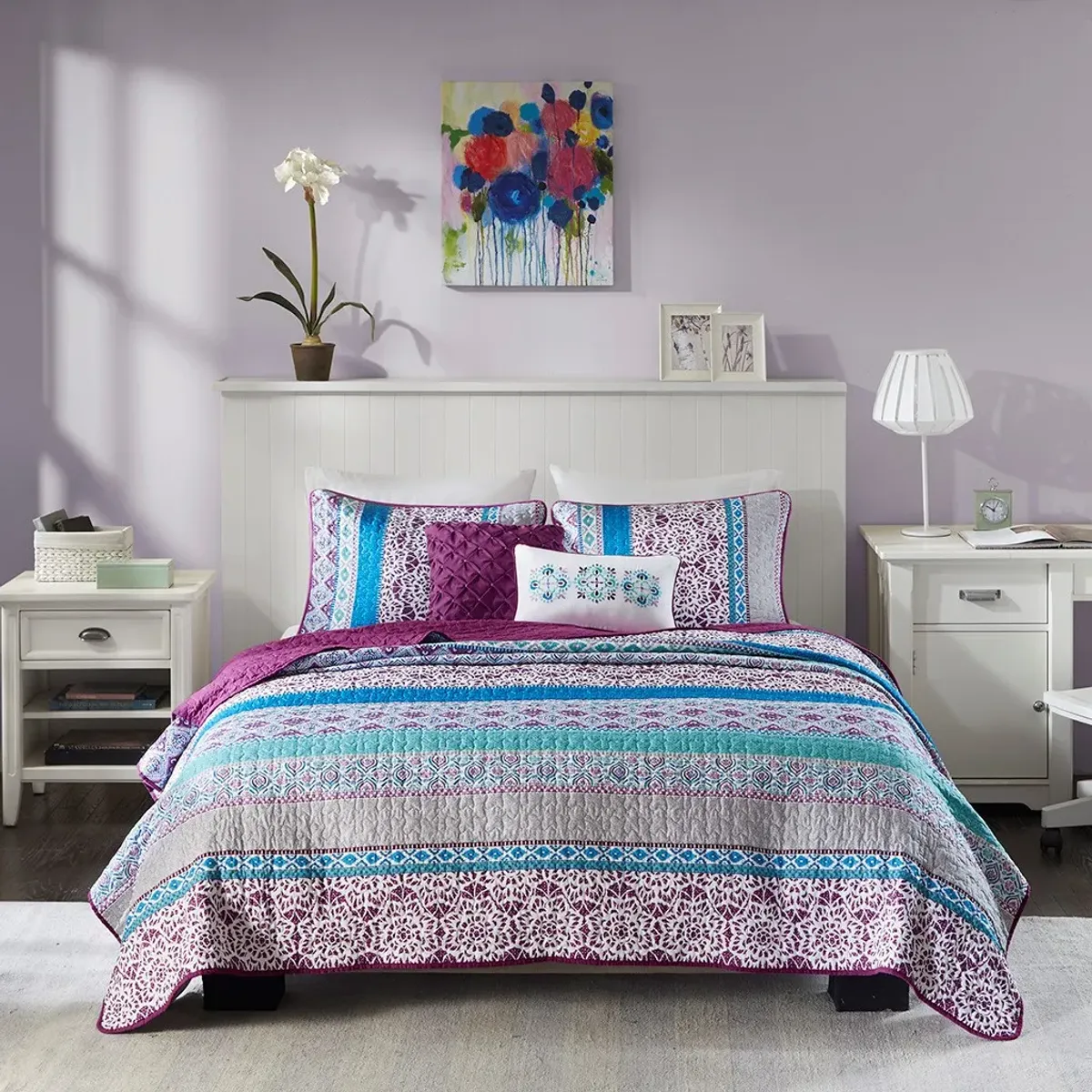 Olliix by Intelligent Design Joni Purple Twin/Twin XL Boho Reversible Coverlet Set