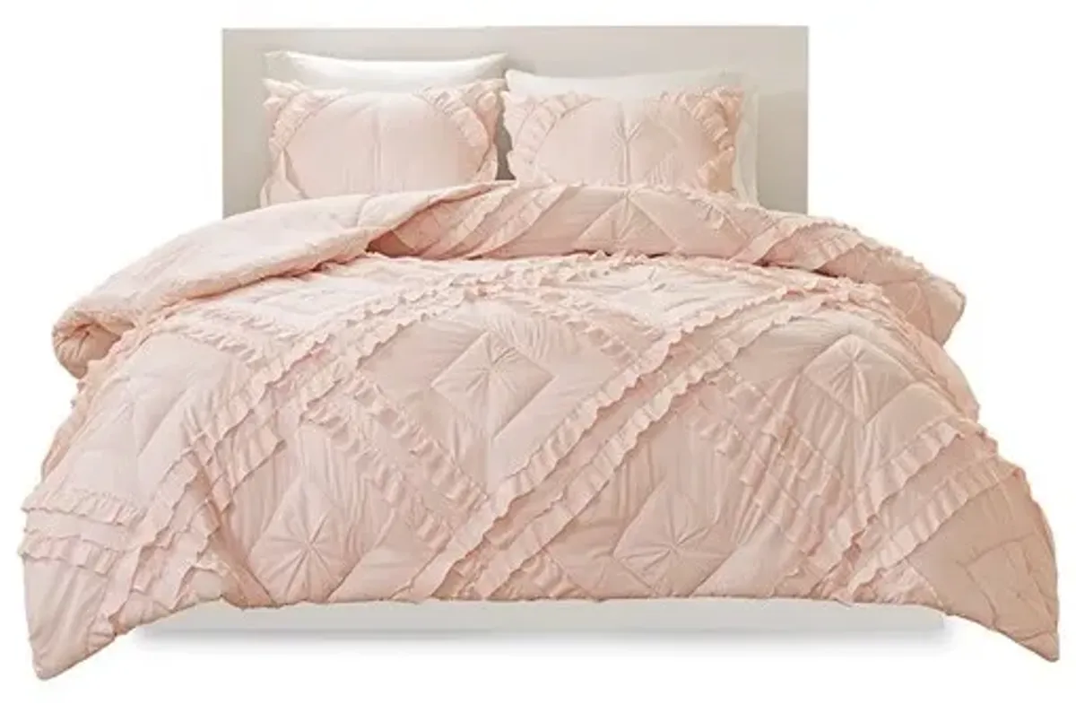 Olliix by Intelligent Design Kacie Blush Twin/Twin XL Solid Coverlet Set with Tufted Diamond Ruffles