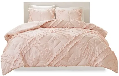 Olliix by Intelligent Design Kacie Blush Twin/Twin XL Solid Coverlet Set with Tufted Diamond Ruffles