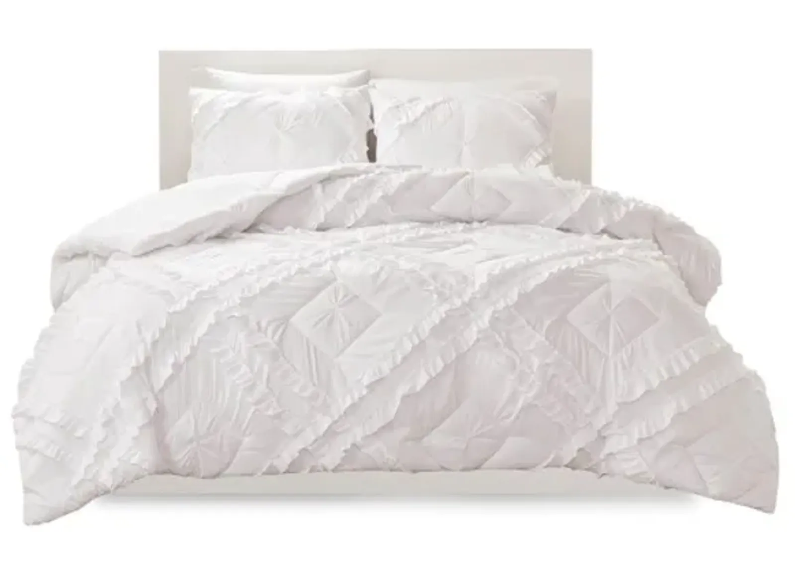 Olliix by Intelligent Design Kacie White Twin/Twin XL Solid Coverlet with Tufted Diamond Ruffles Set