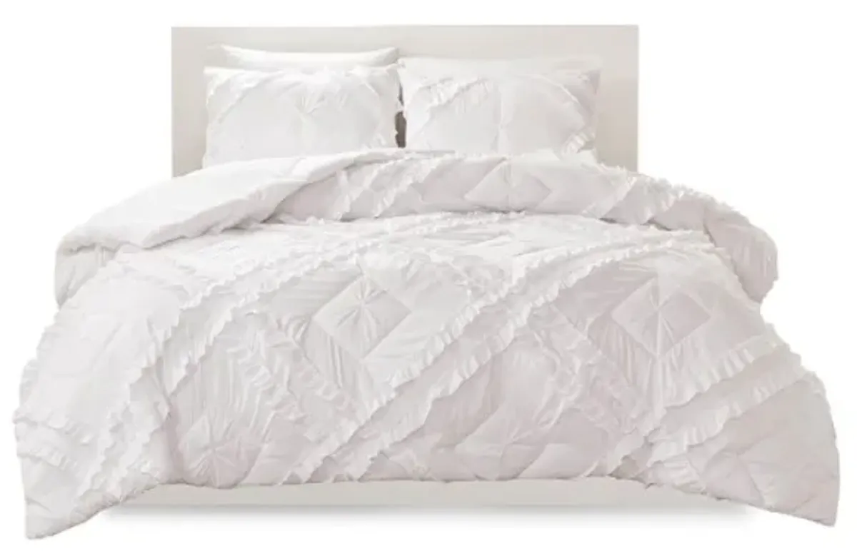 Olliix by Intelligent Design Kacie White Twin/Twin XL Solid Coverlet with Tufted Diamond Ruffles Set