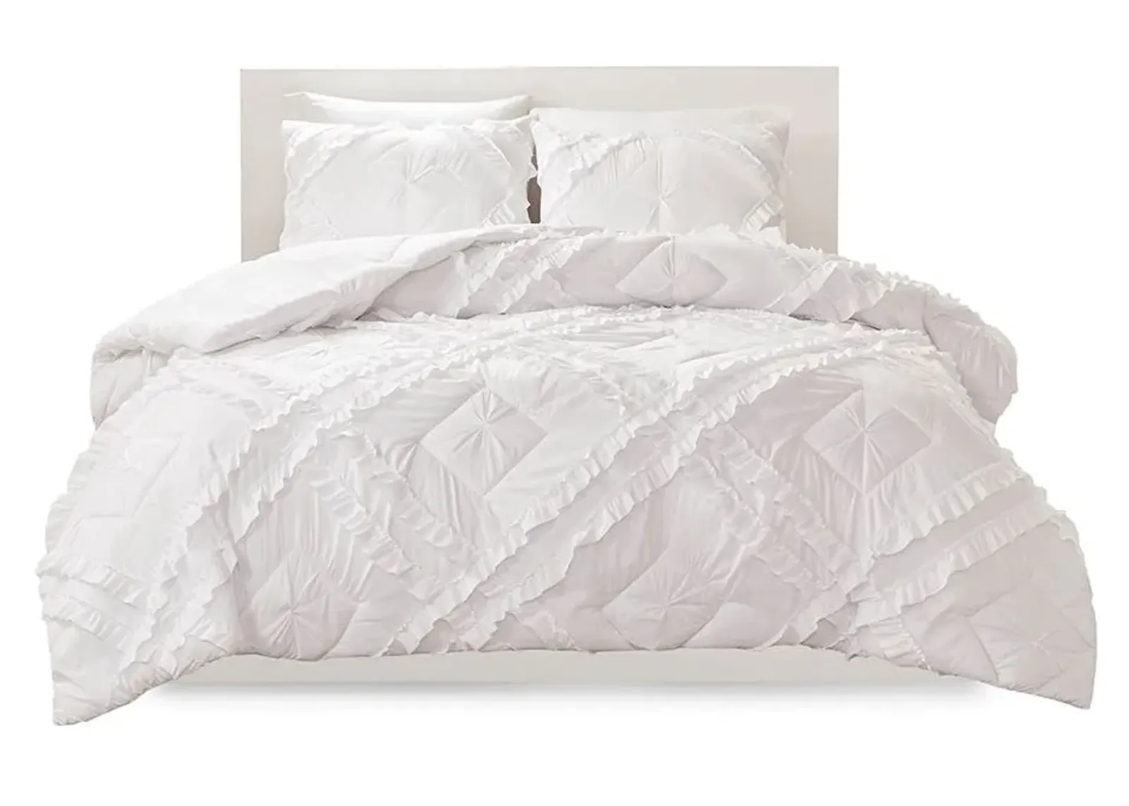 Olliix by Intelligent Design Kacie White Full/Queen Solid Coverlet Set with Tufted Diamond Ruffles