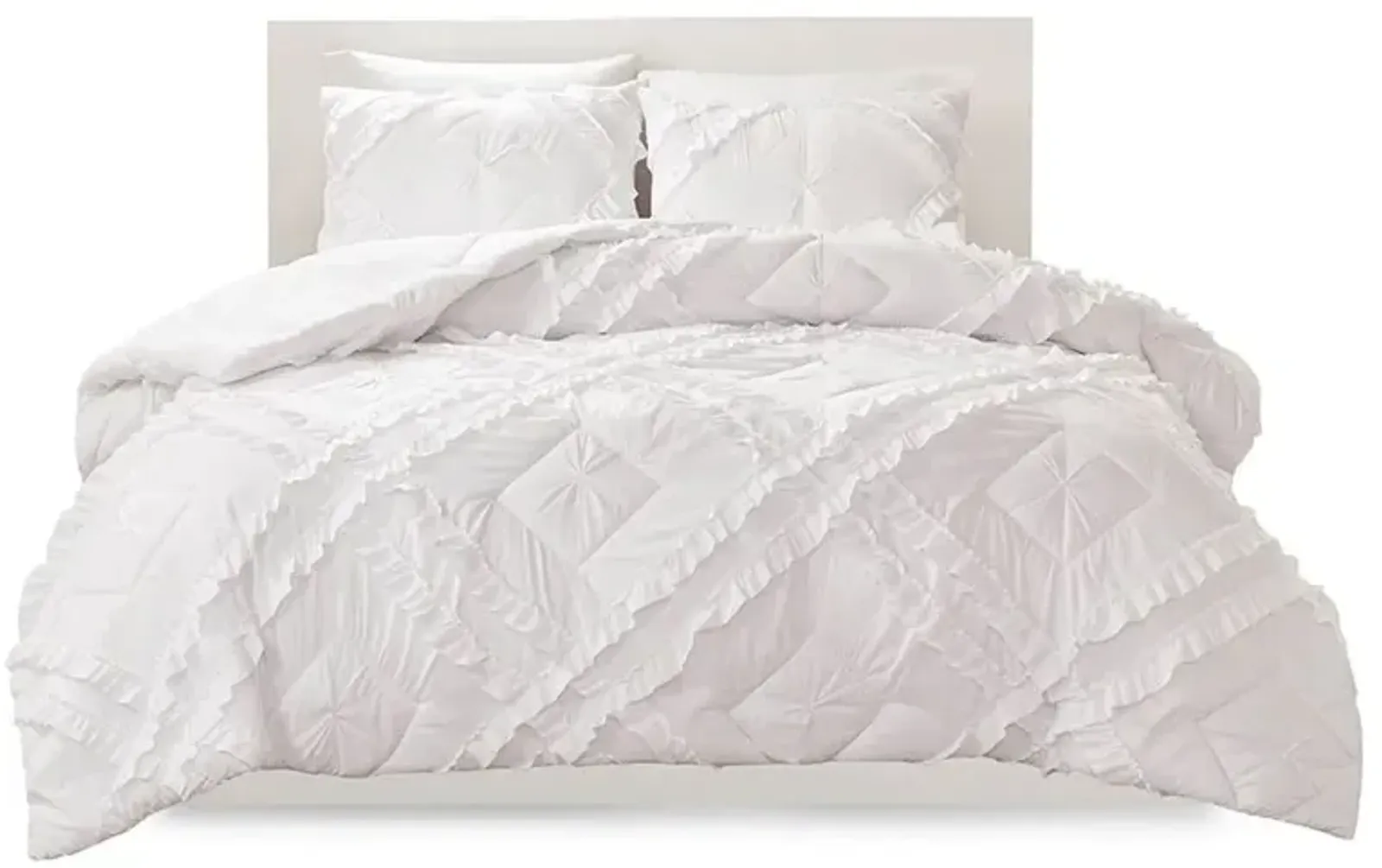 Olliix by Intelligent Design Kacie White Full/Queen Solid Coverlet Set with Tufted Diamond Ruffles