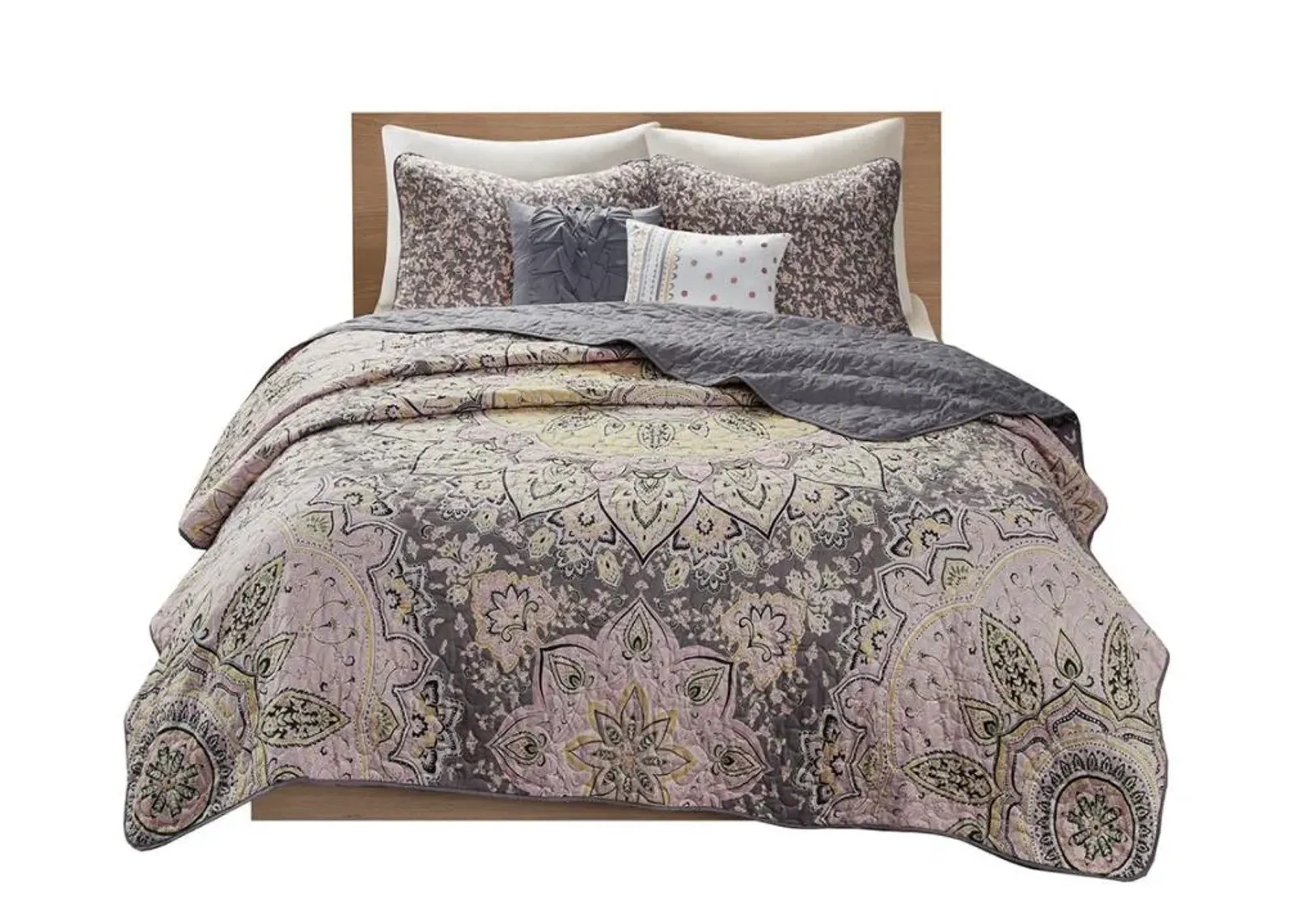 Olliix by Intelligent Design Odette Pink and Grey Twin/Twin XL Boho Reversible Coverlet Set