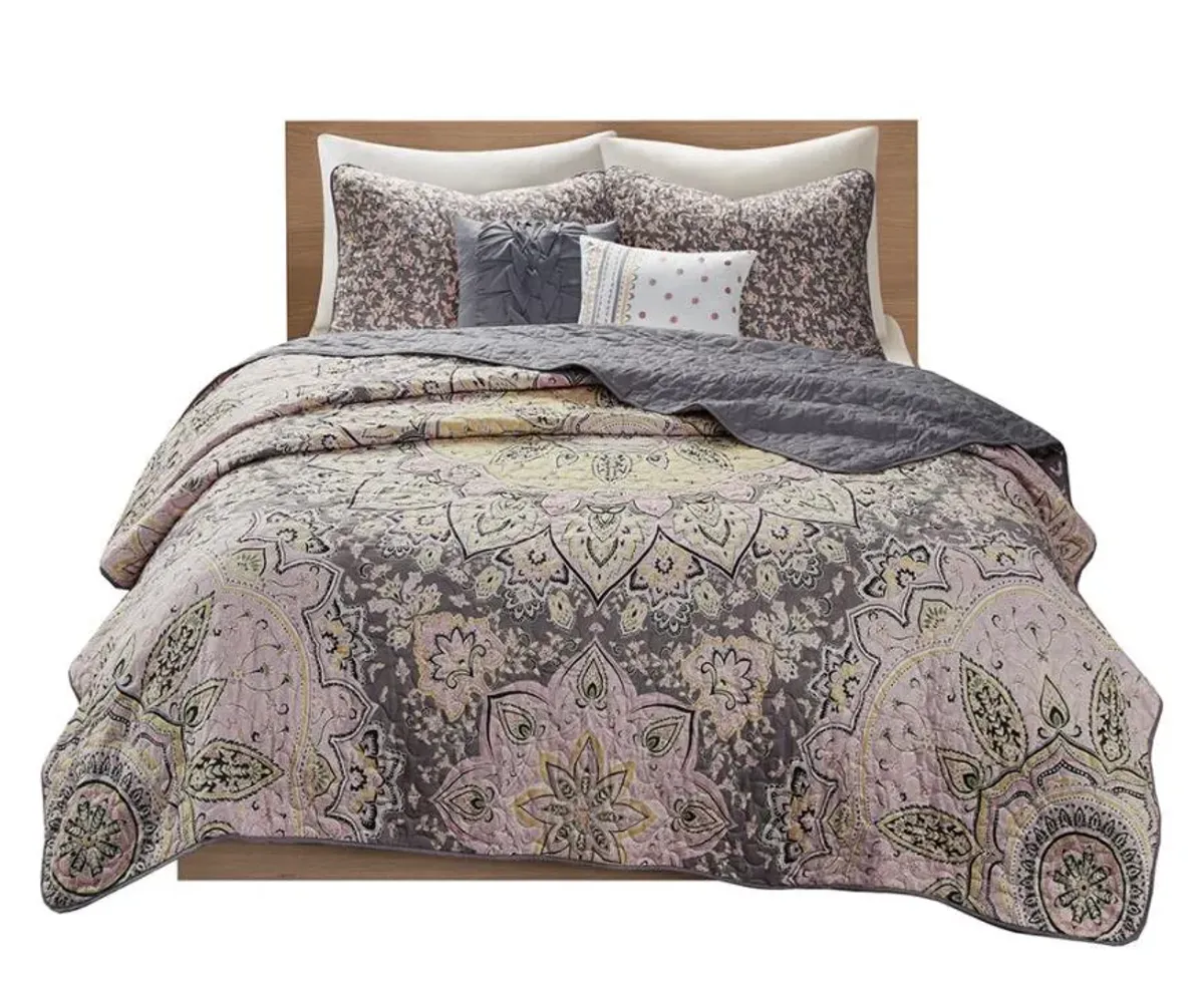 Olliix by Intelligent Design Odette Pink and Grey Twin/Twin XL Boho Reversible Coverlet Set