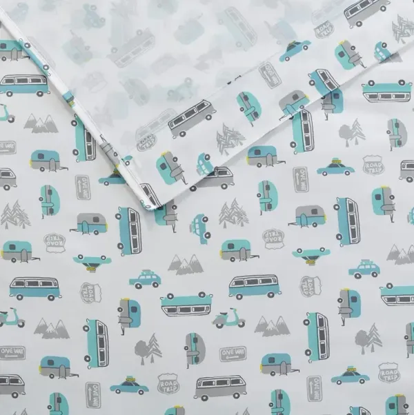 Olliix by Intelligent Design Grey/Blue Road Trip Queen Novelty Printed Sheet Set