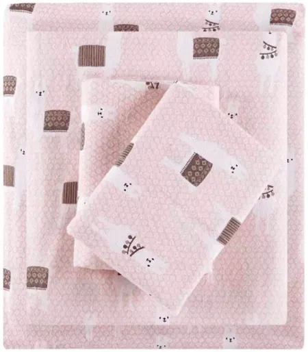 Olliix by Intelligent Design Cozy Soft Pink Llamas Queen Cotton Novelty Print Flannel Sheet Set