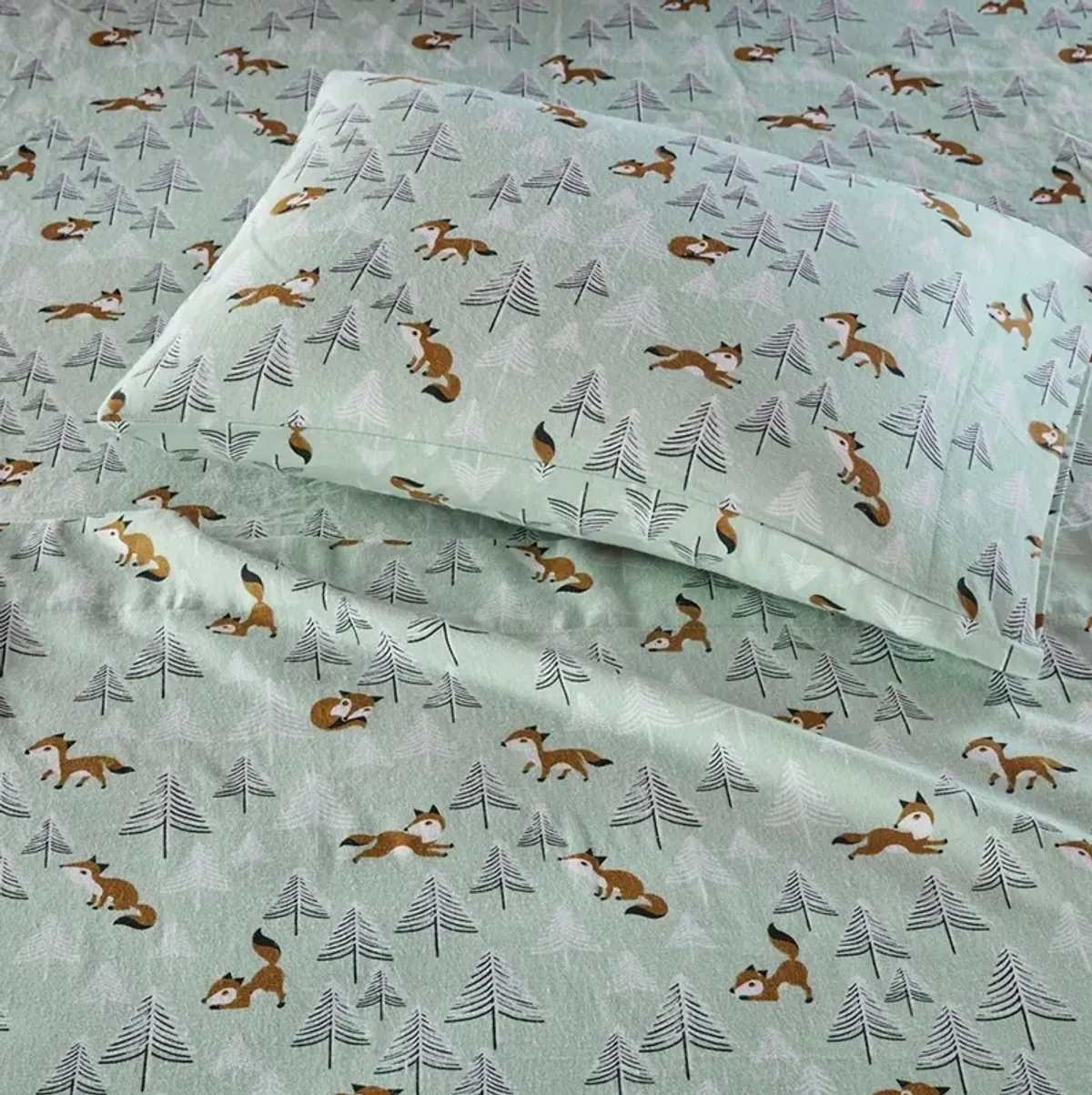 Olliix by Intelligent Design Seafoam Foxes Twin XL Cozy Soft Cotton Novelty Print Flannel Sheet Set