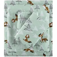 Olliix by Intelligent Design Seafoam Foxes Twin XL Cozy Soft Cotton Novelty Print Flannel Sheet Set