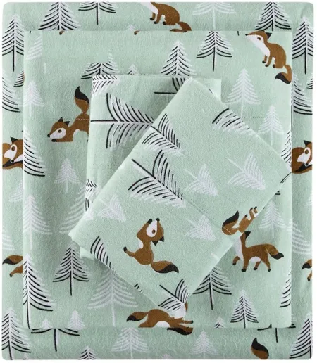 Olliix by Intelligent Design Seafoam Foxes Twin XL Cozy Soft Cotton Novelty Print Flannel Sheet Set