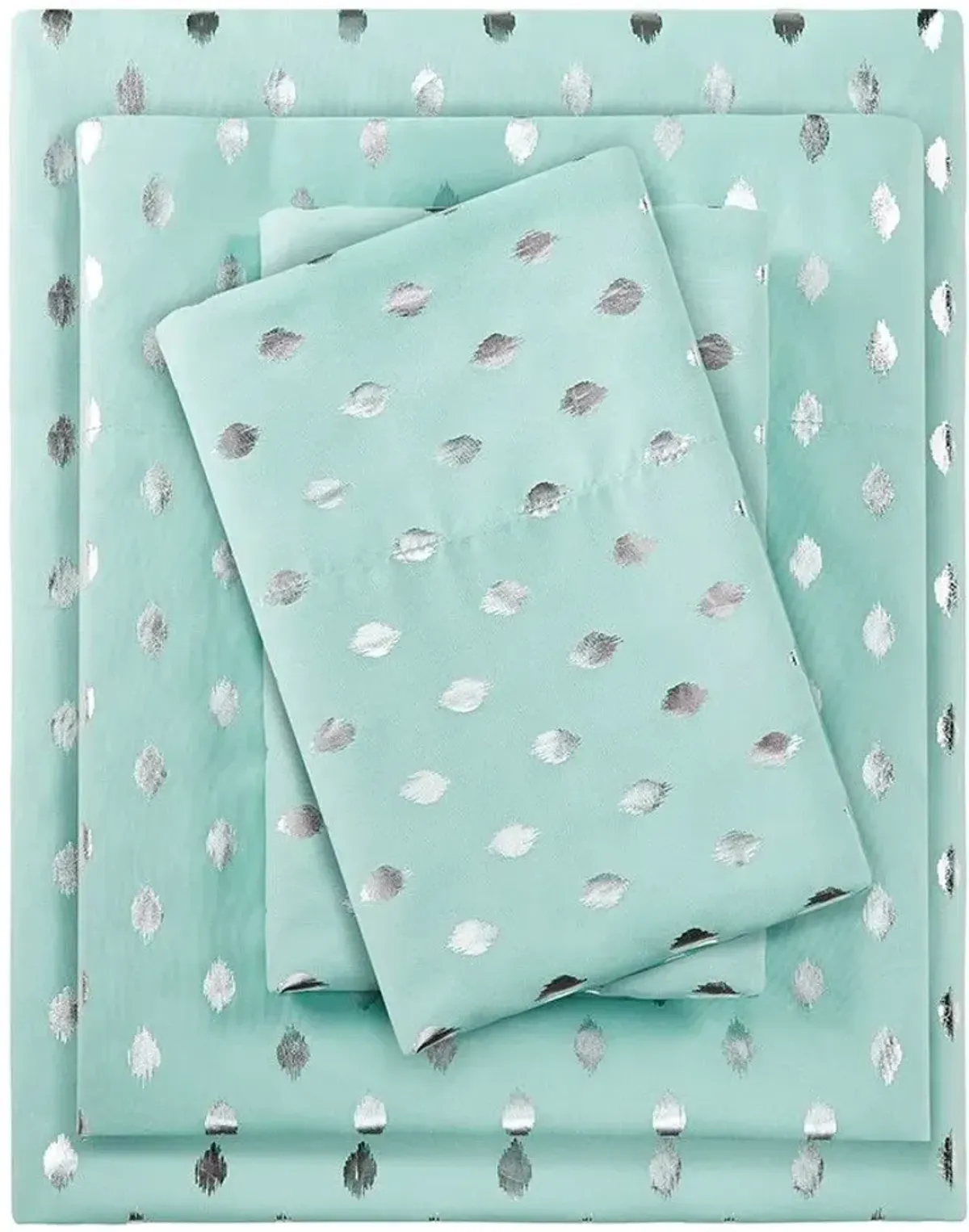 Olliix by Intelligent Design Aqua/Silver Twin XL Metallic Dot Printed Sheet Set