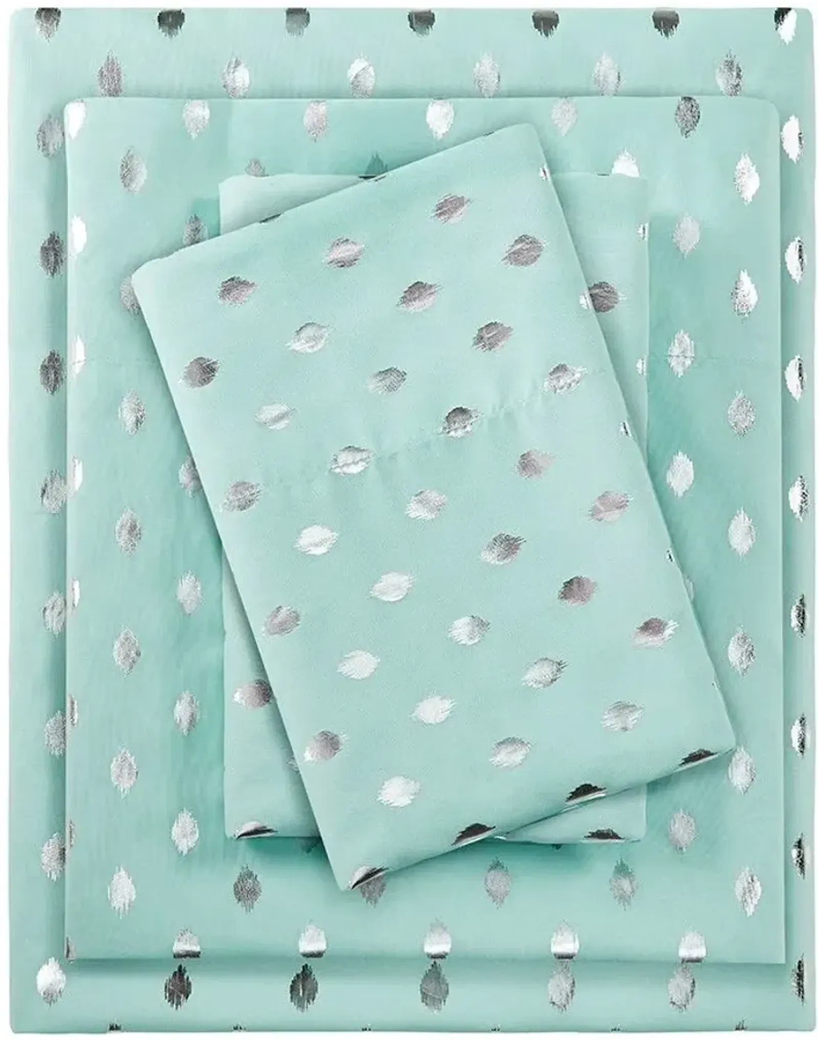 Olliix by Intelligent Design Aqua/Silver Twin XL Metallic Dot Printed Sheet Set