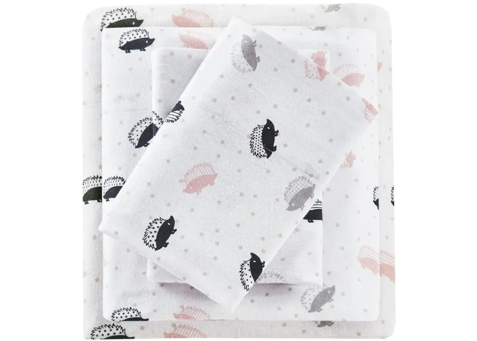 Olliix by Intelligent Design Cozy Soft Pink/Grey Hedgehogs Twin Cotton Novelty Print Flannel Sheet Set