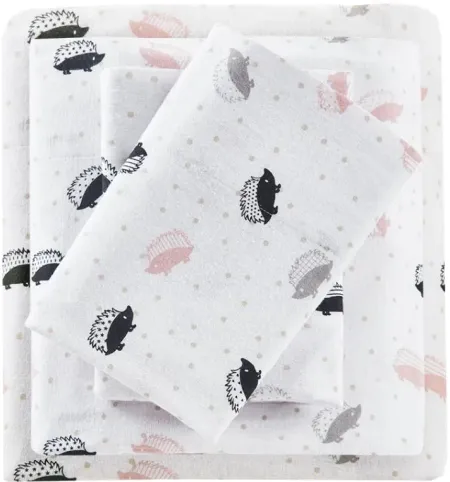 Olliix by Intelligent Design Cozy Soft Pink/Grey Hedgehogs Twin Cotton Novelty Print Flannel Sheet Set