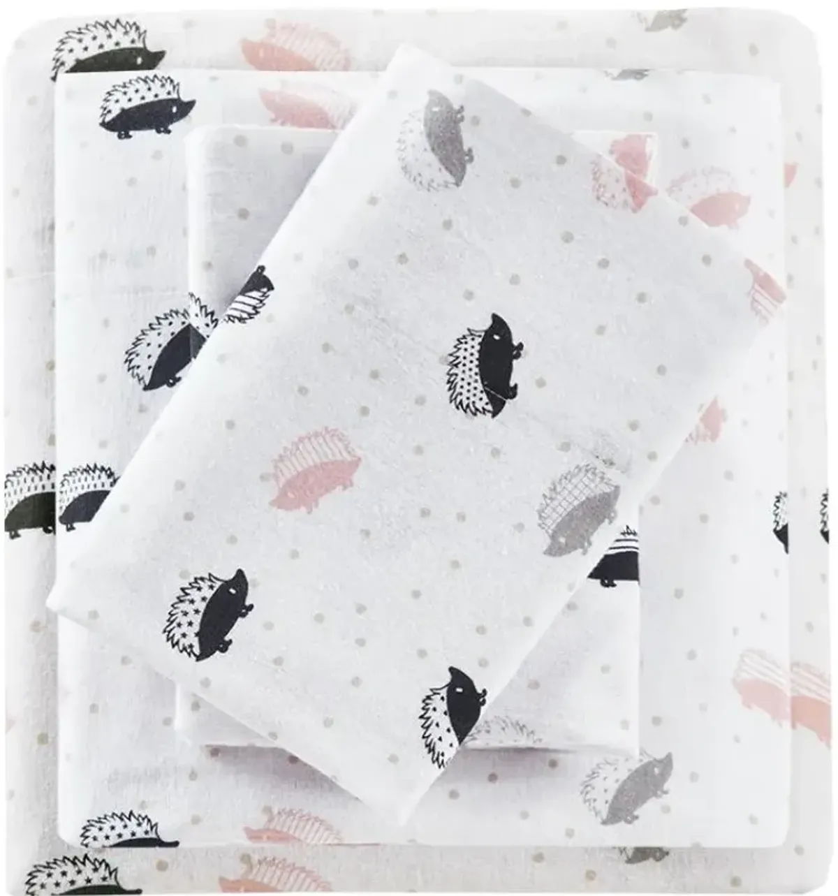 Olliix by Intelligent Design Cozy Soft Pink/Grey Hedgehogs Twin XL Cotton Novelty Print Flannel Sheet Set