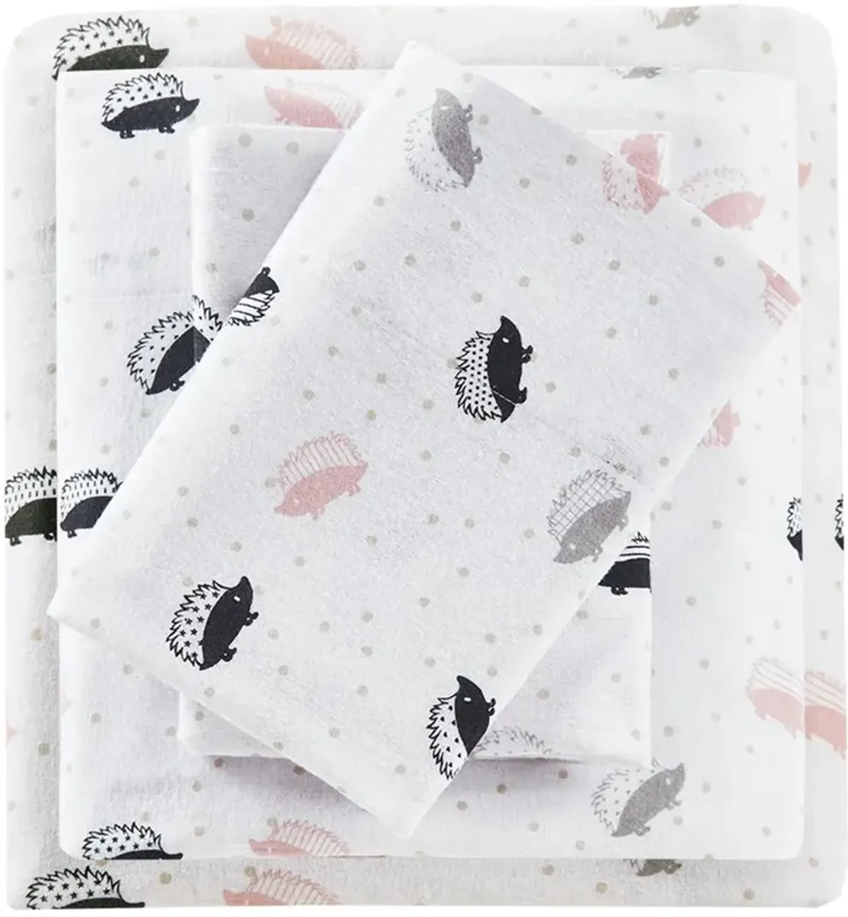 Olliix by Intelligent Design Pink/Grey Hedgehogs Queen Cozy Soft Cotton Novelty Print Flannel Sheet Set