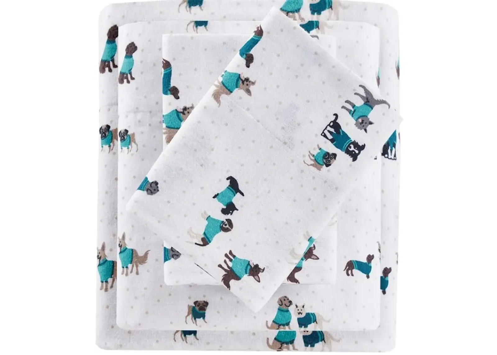 Olliix by Intelligent Design Cozy Soft Teal Dogs Twin Cotton Novelty Print Flannel Sheet Set