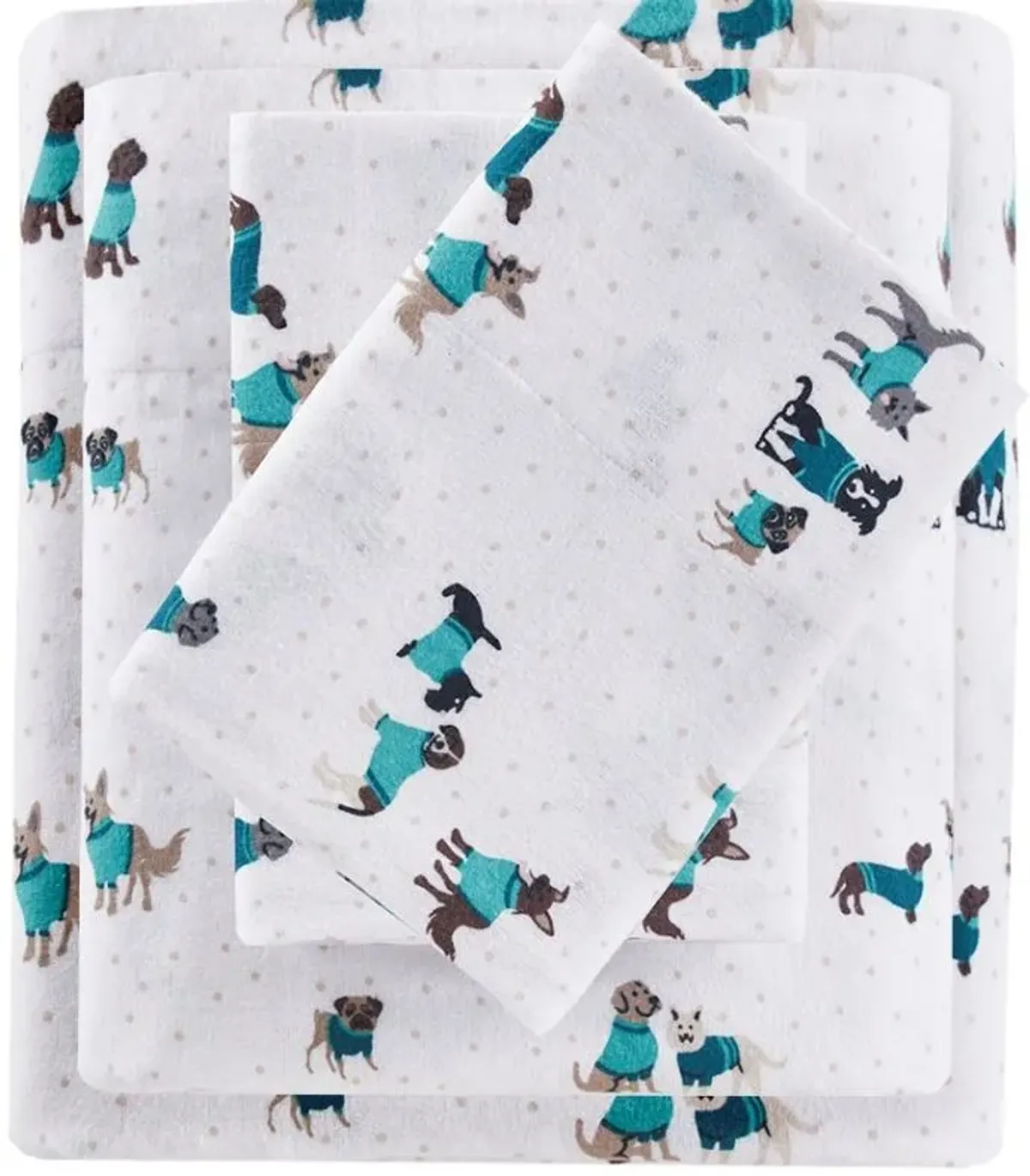 Olliix by Intelligent Design Cozy Soft Teal Dogs Twin Cotton Novelty Print Flannel Sheet Set