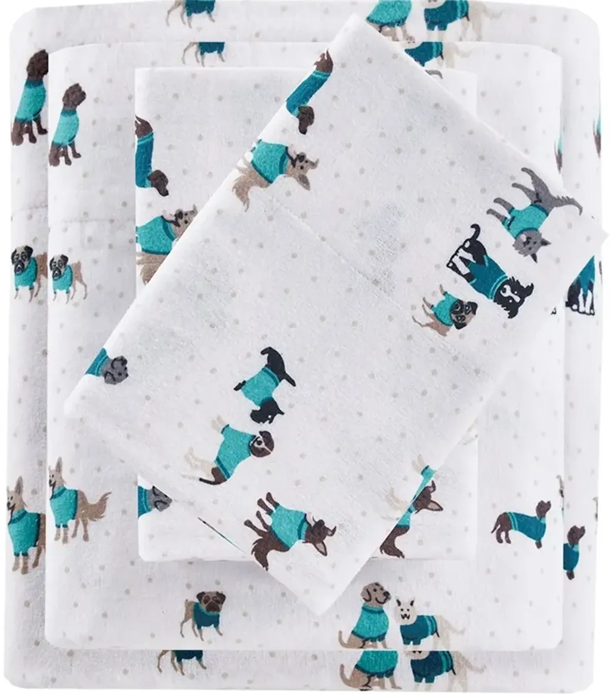 Olliix by Intelligent Design Teal Dogs Twin XL Cozy Soft Cotton Novelty Print Flannel Sheet Set