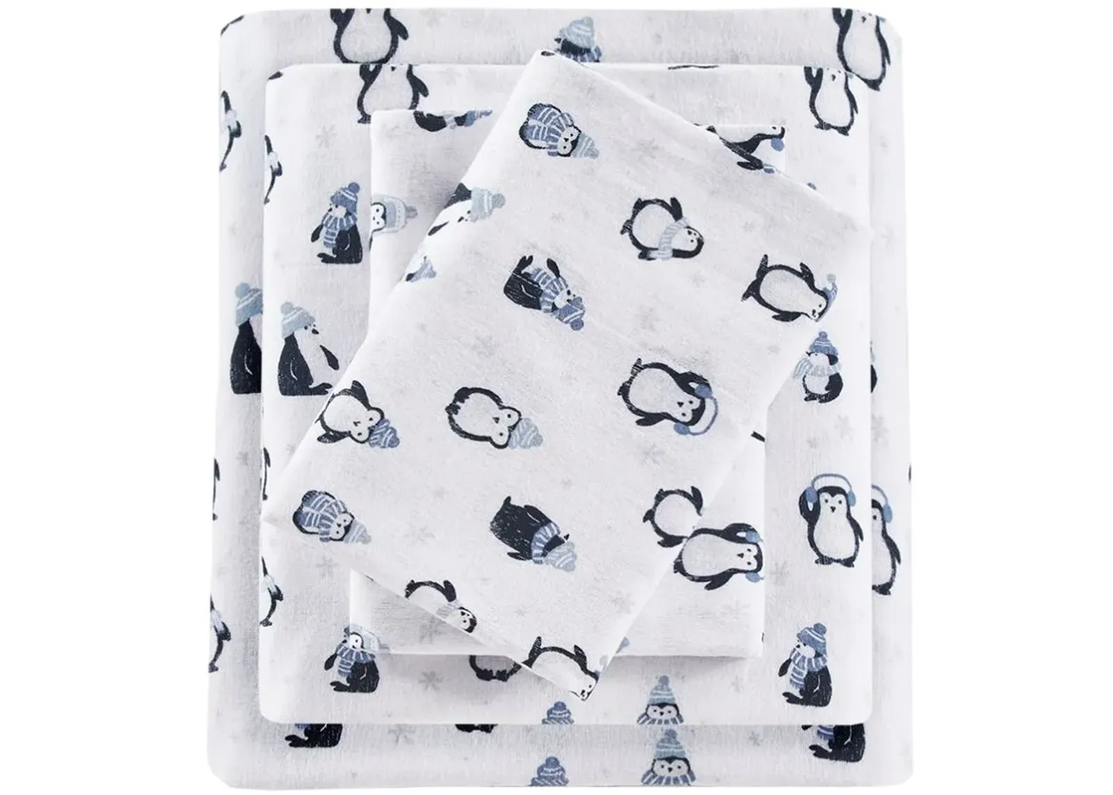 Olliix by Intelligent Design Cozy Soft Blue Penguins Twin Cotton Novelty Print Flannel Sheet Set