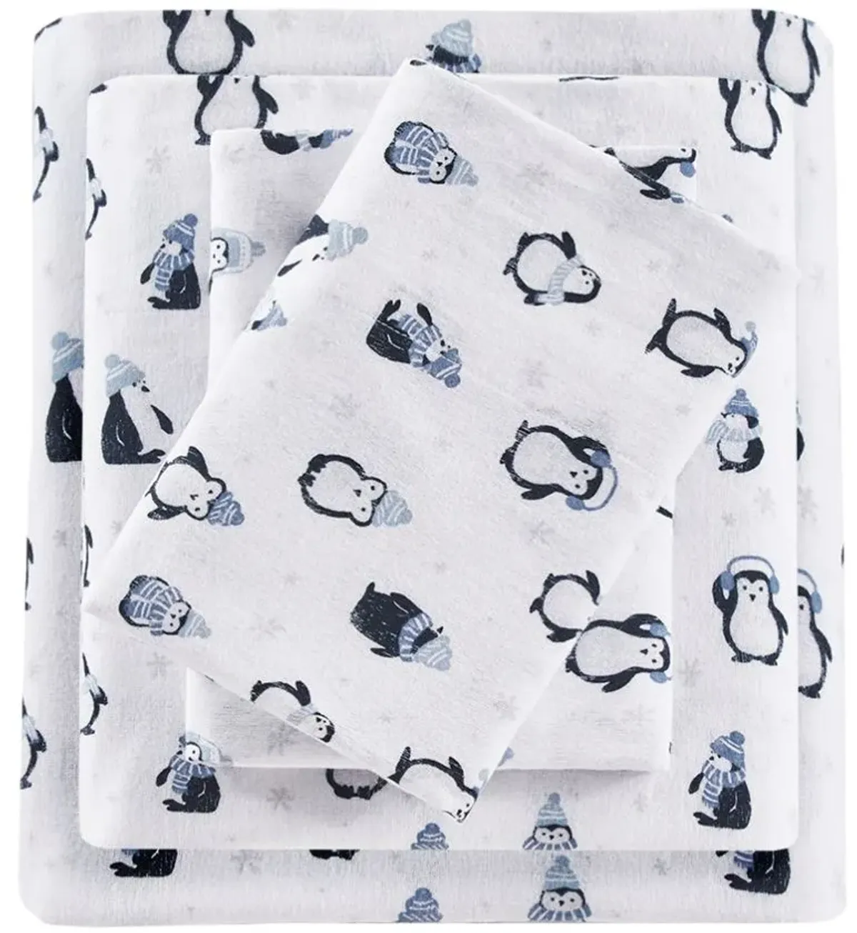 Olliix by Intelligent Design Cozy Soft Blue Penguins Twin Cotton Novelty Print Flannel Sheet Set