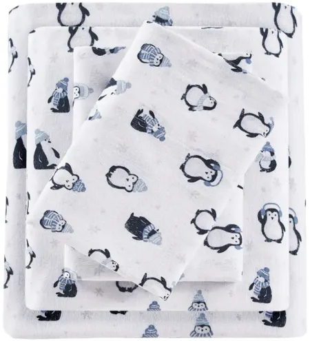 Olliix by Intelligent Design Cozy Soft Blue Penguins Twin Cotton Novelty Print Flannel Sheet Set