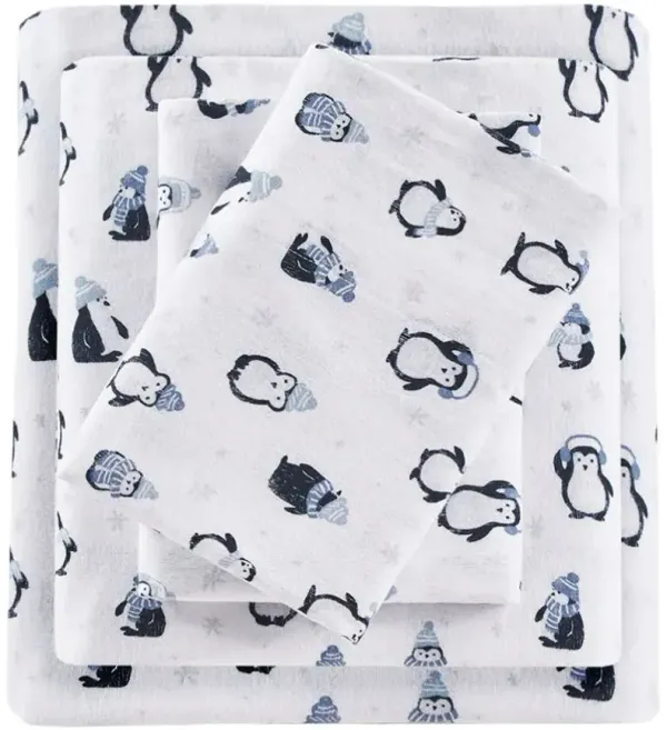 Olliix by Intelligent Design Cozy Soft Blue Penguins Twin Cotton Novelty Print Flannel Sheet Set