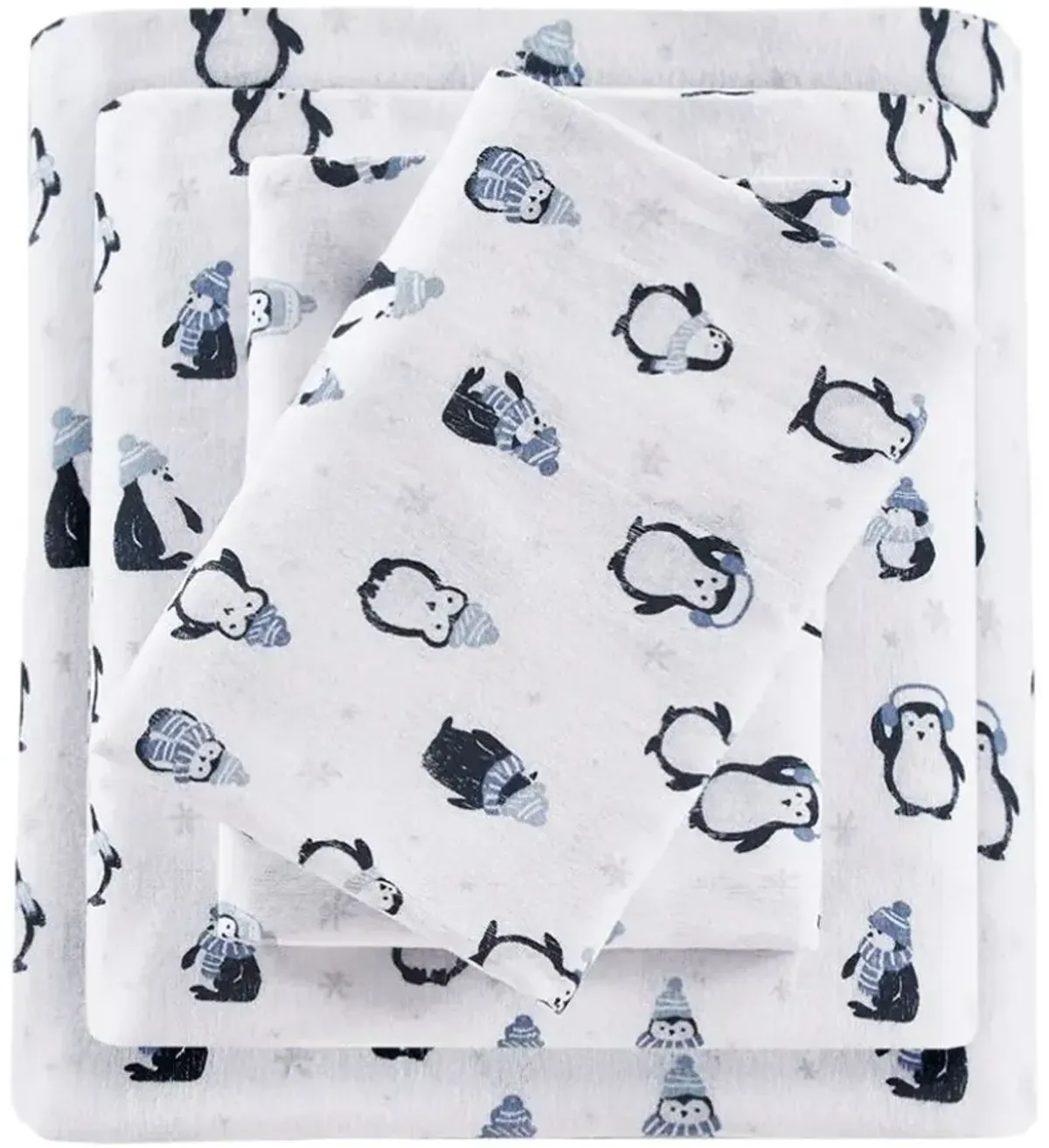 Olliix by Intelligent Design Cozy Soft Blue Penguins Full Cotton Novelty Print Flannel Sheet Set