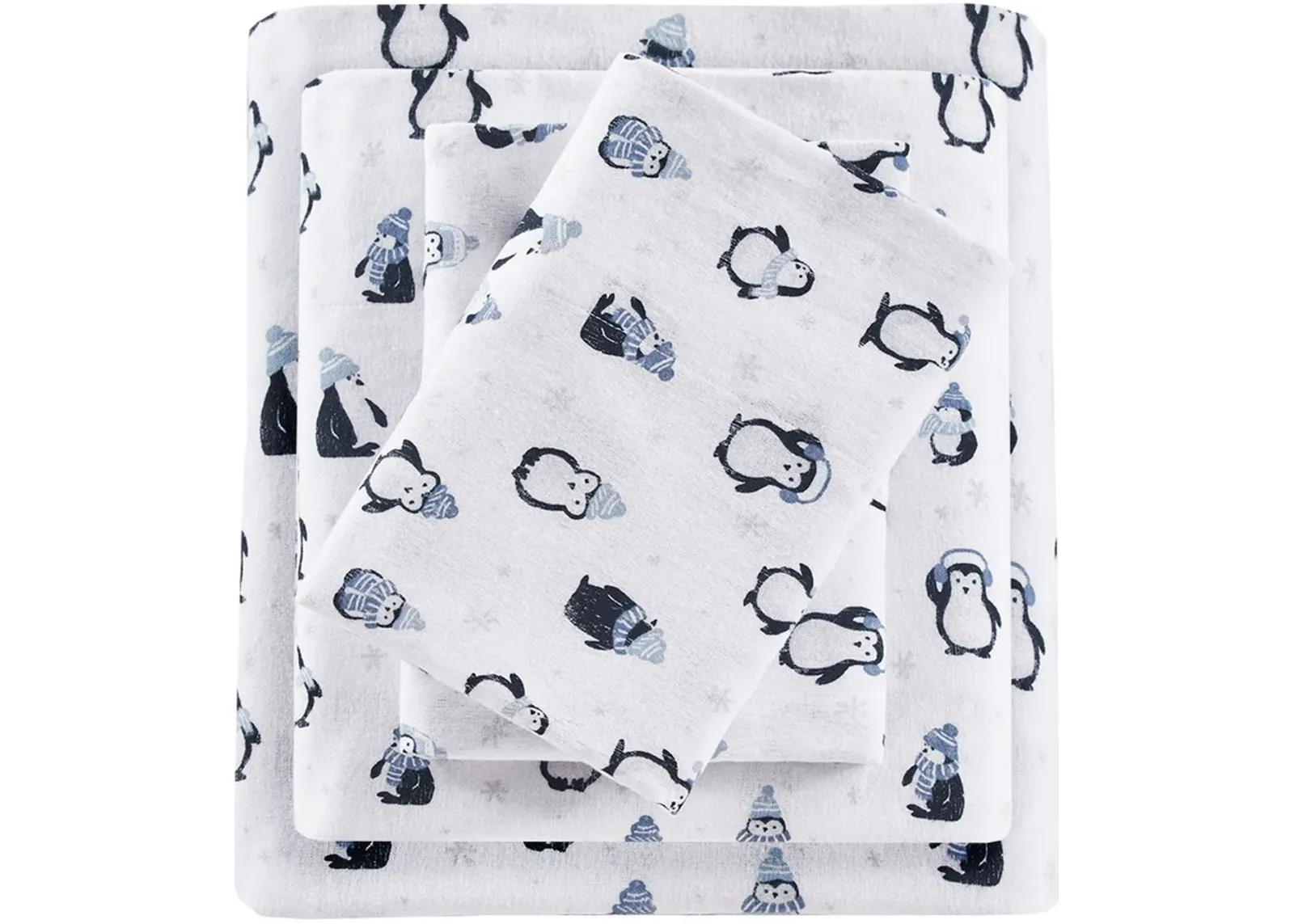 Olliix by Intelligent Design Blue Penguins Queen Cozy Soft Cotton Novelty Print Flannel Sheet Set