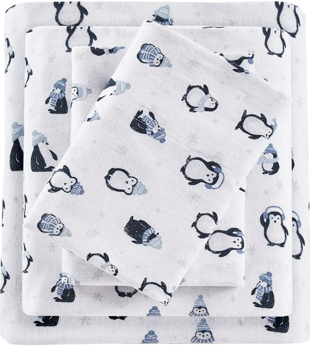 Olliix by Intelligent Design Blue Penguins Queen Cozy Soft Cotton Novelty Print Flannel Sheet Set