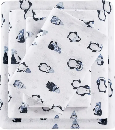 Olliix by Intelligent Design Blue Penguins Queen Cozy Soft Cotton Novelty Print Flannel Sheet Set