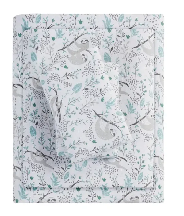 Olliix by Intelligent Design Cozy Soft Grey Sloths Twin XL Cotton Novelty Print Flannel Sheet Set