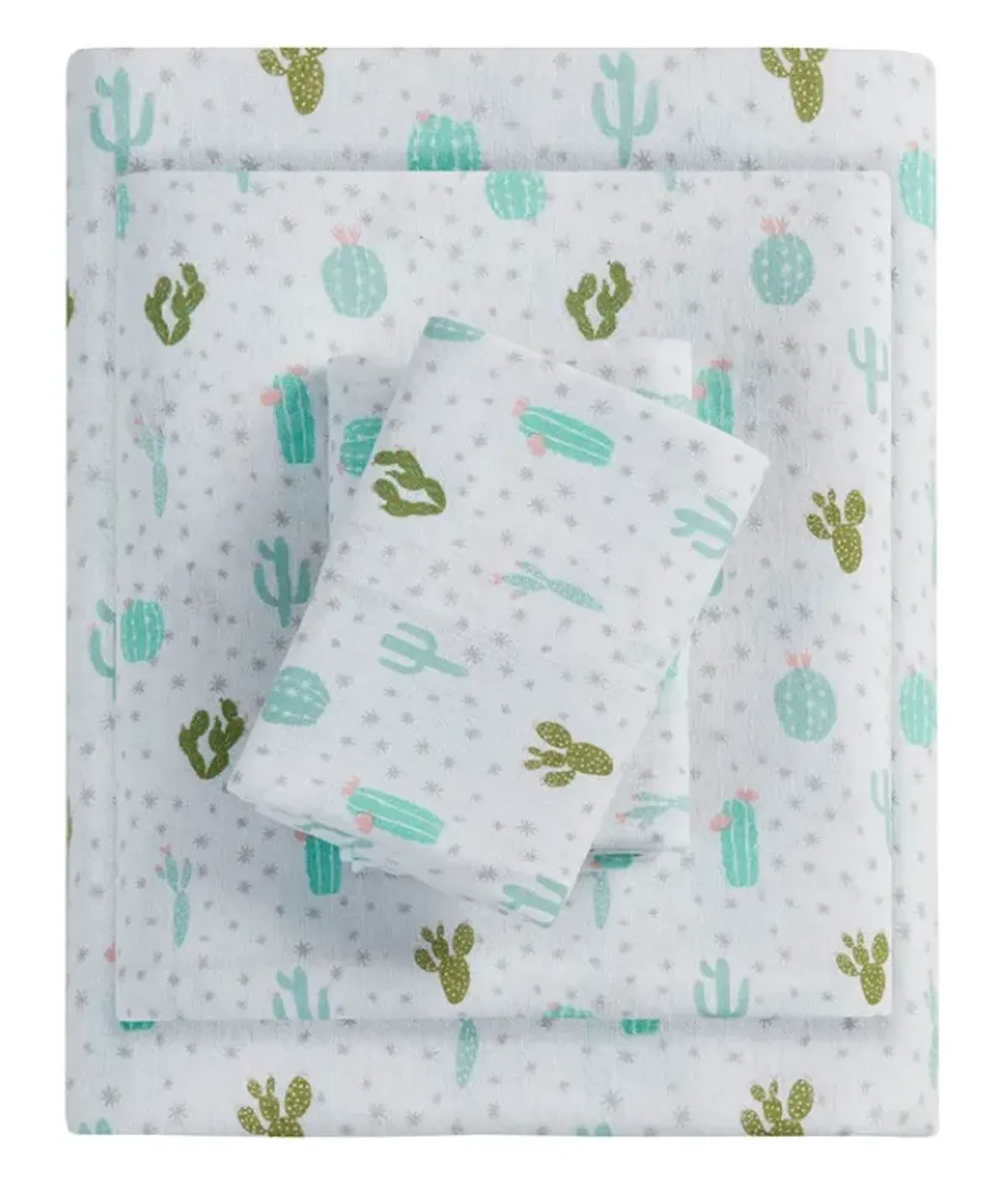 Olliix by Intelligent Design Cozy Soft Green Cactus Twin Cotton Novelty Print Flannel Sheet Set