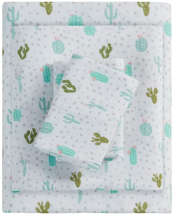 Olliix by Intelligent Design Cozy Soft Green Cactus Twin Cotton Novelty Print Flannel Sheet Set