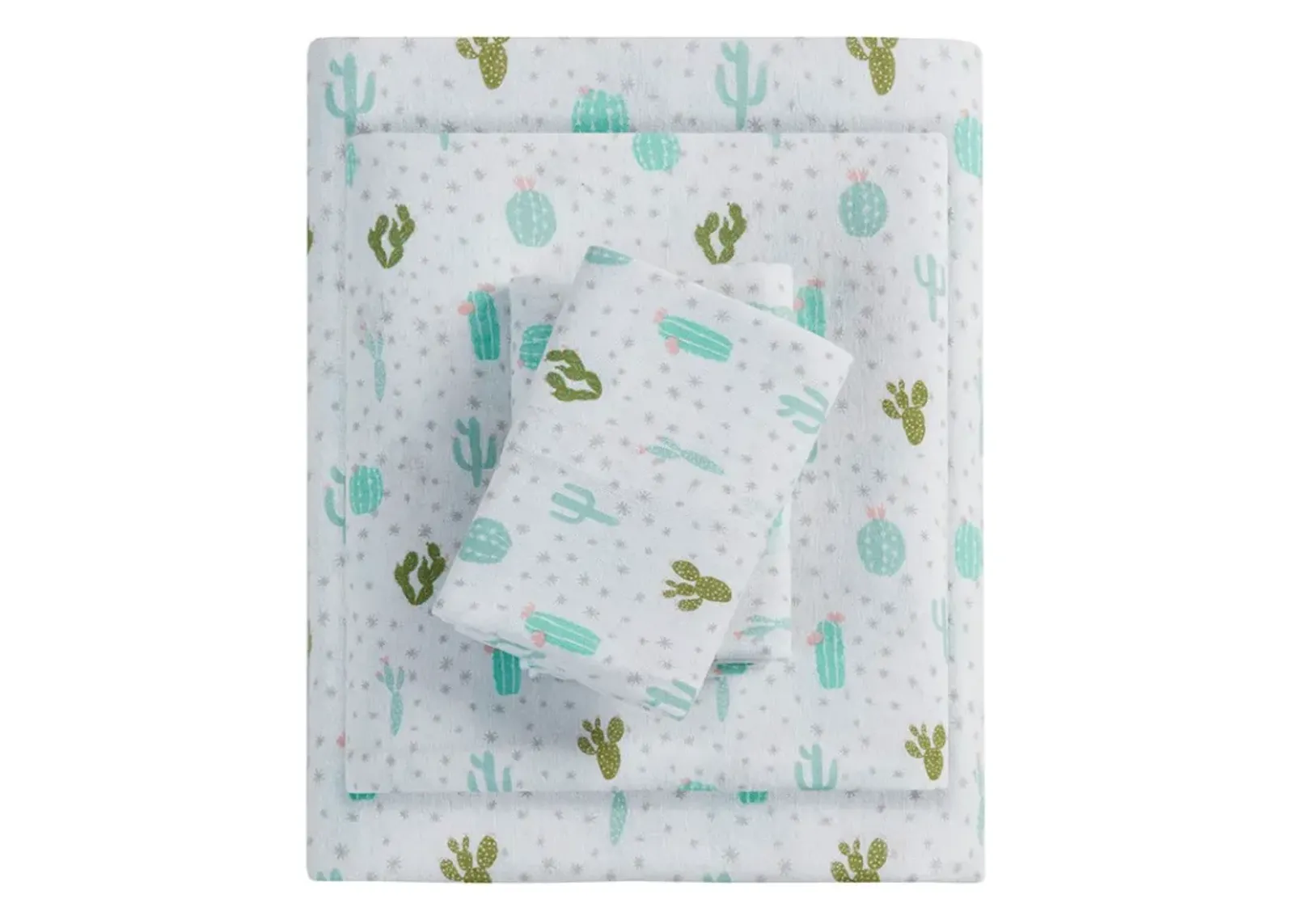 Olliix by Intelligent Design Cozy Soft Green Cactus Queen Cotton Novelty Print Flannel Sheet Set