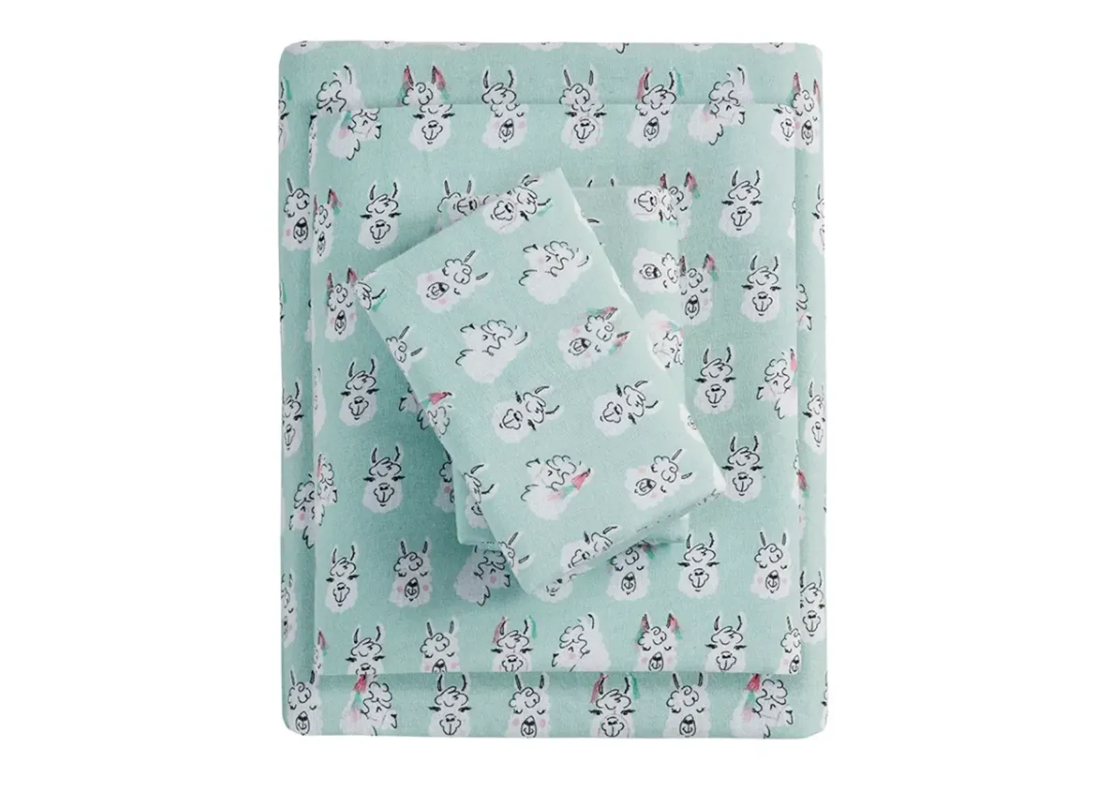 Olliix by Intelligent Design Cozy Soft Aqua Llama Face Twin Cotton Novelty Print Flannel Sheet Set