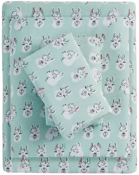 Olliix by Intelligent Design Cozy Soft Aqua Llama Face Twin Cotton Novelty Print Flannel Sheet Set