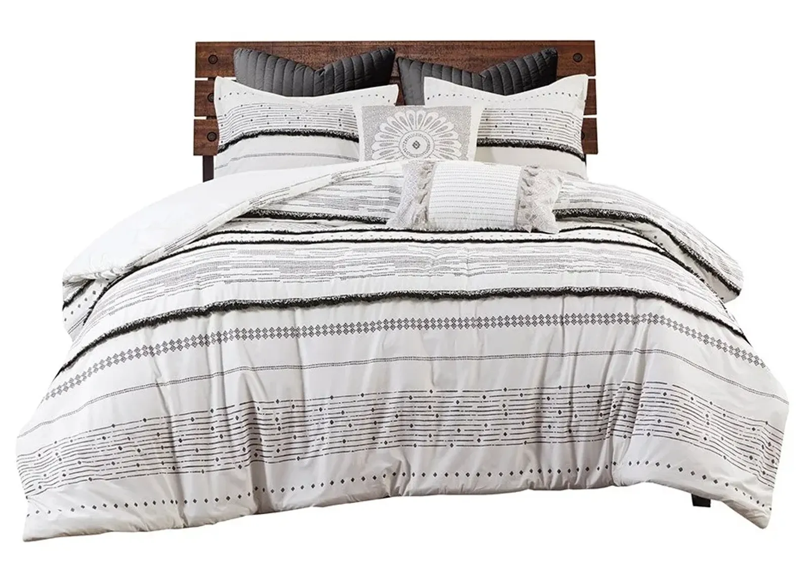 Olliix by INK+IVY Nea Black and White Full/Queen Cotton Printed Comforter Set with Trims