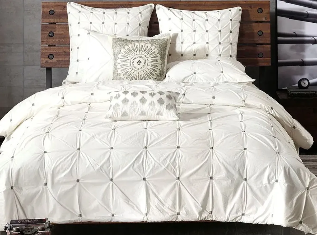 Olliix by INK+IVY 3 Piece White Full/Queen Masie Elastic Embroidered Cotton Comforter Set